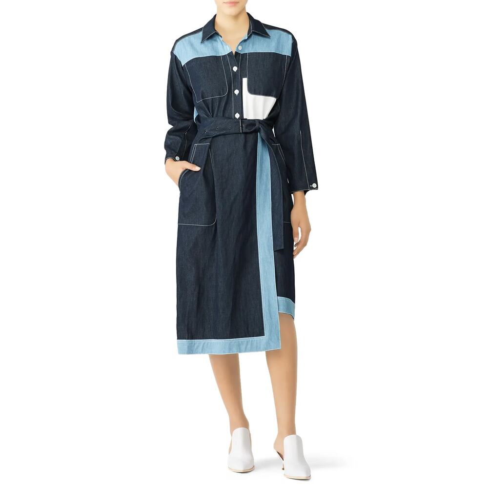 COLOVOS Two Tone Belted Denim Shirt Dress Deconstructed Blue Size 2 $675